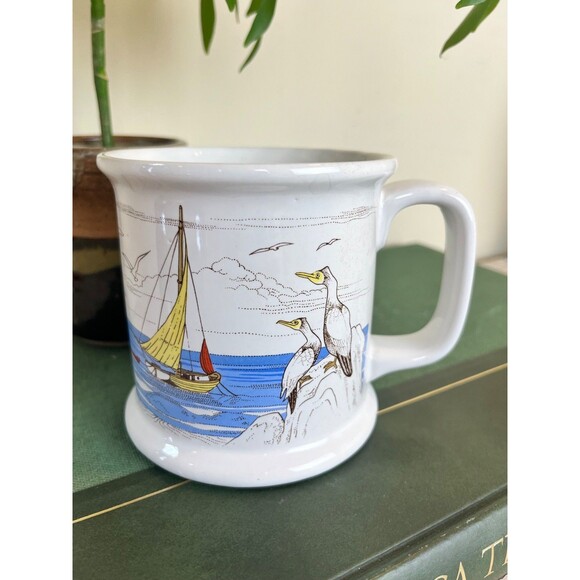 Vintage Otagiri JAPAN Nautical Seagulls & Sailboat Hand Painted Stoneware Mug - Picture 2 of 8